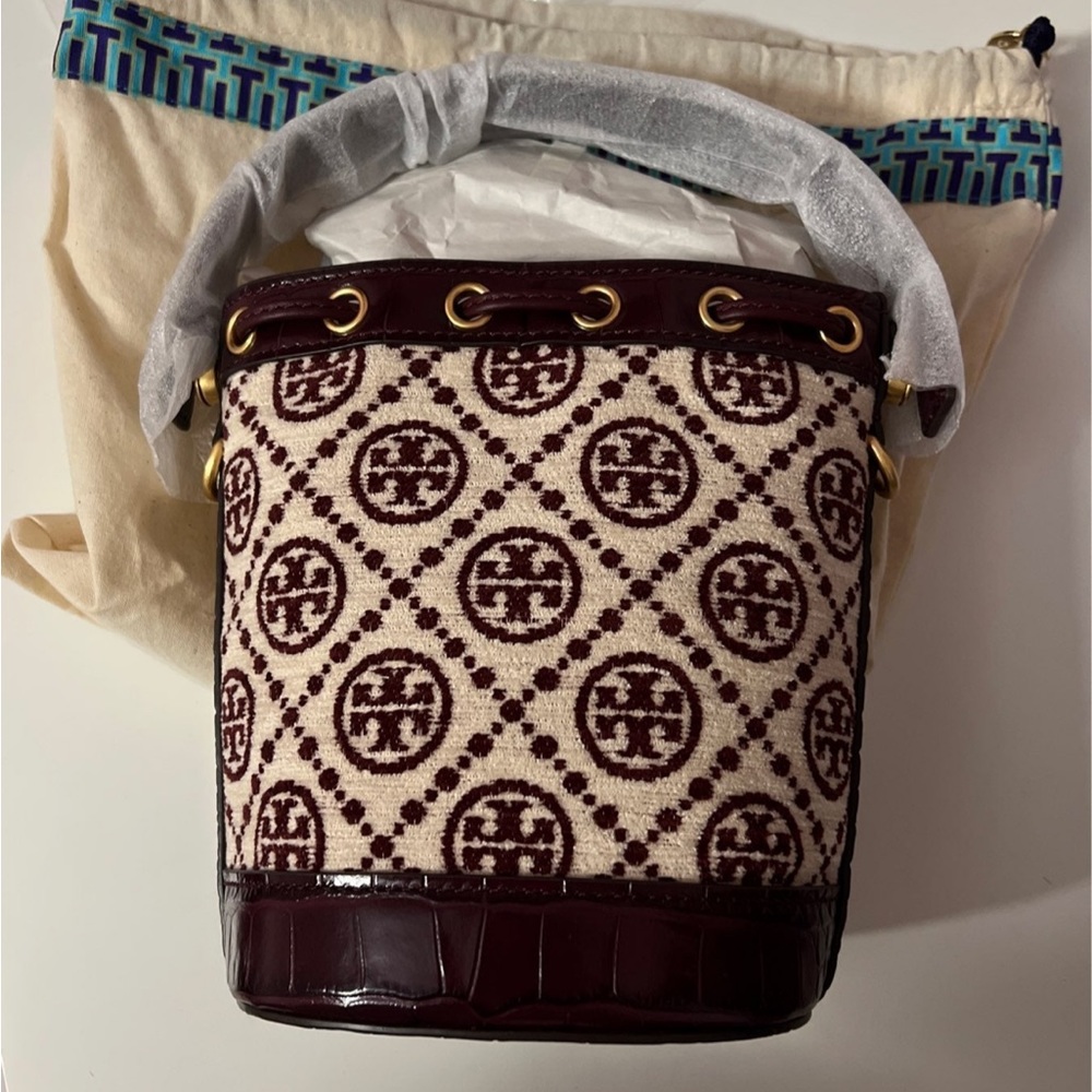 NWT Tory Burch T Monogram Chenille Mini Bucket Bag Claret / New Cream 88469